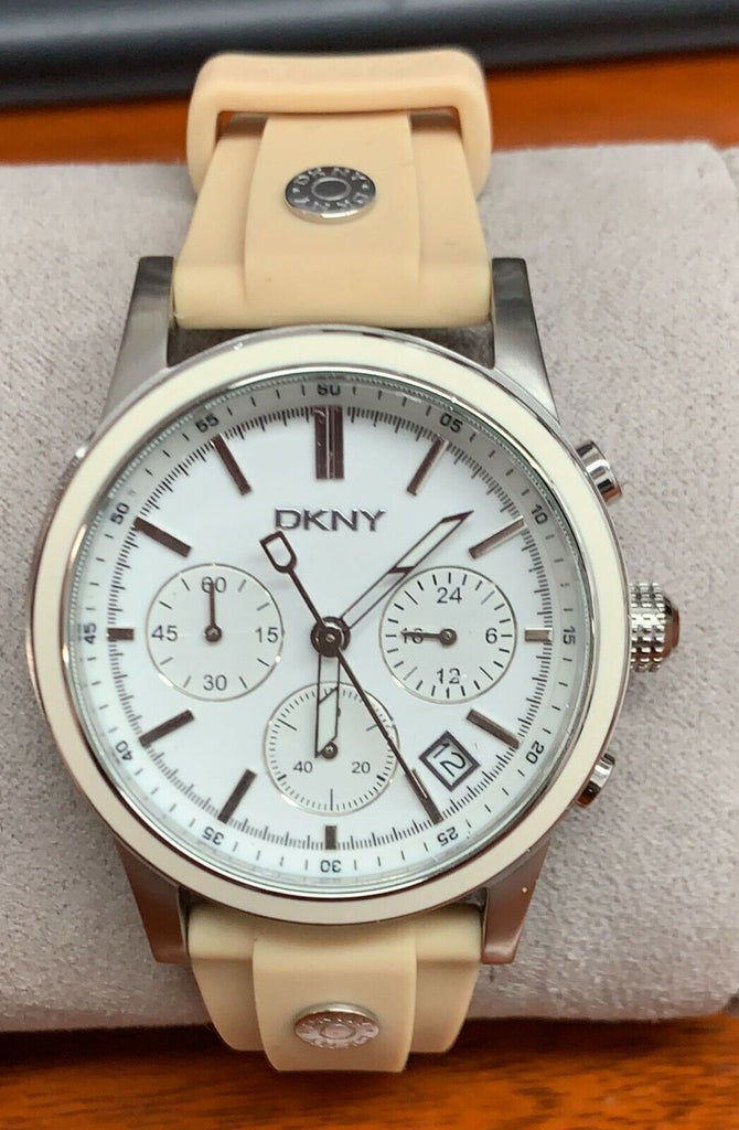 DKNY White Dial Chronograph Khaki Rubber Strap Ladies Watch NY8174