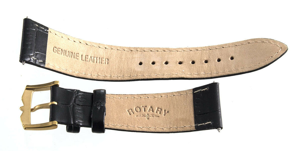 Rotary Mens 22mm Black Genuine Leather Gold Buckle Watch Strap Band