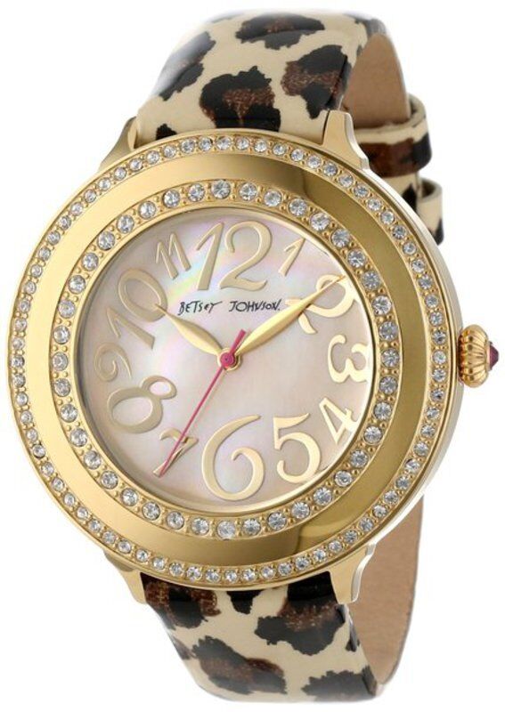 Betsey Johnson Women's Gold-tone Crystal Leopard Leather Strap Watch BJ00213-01