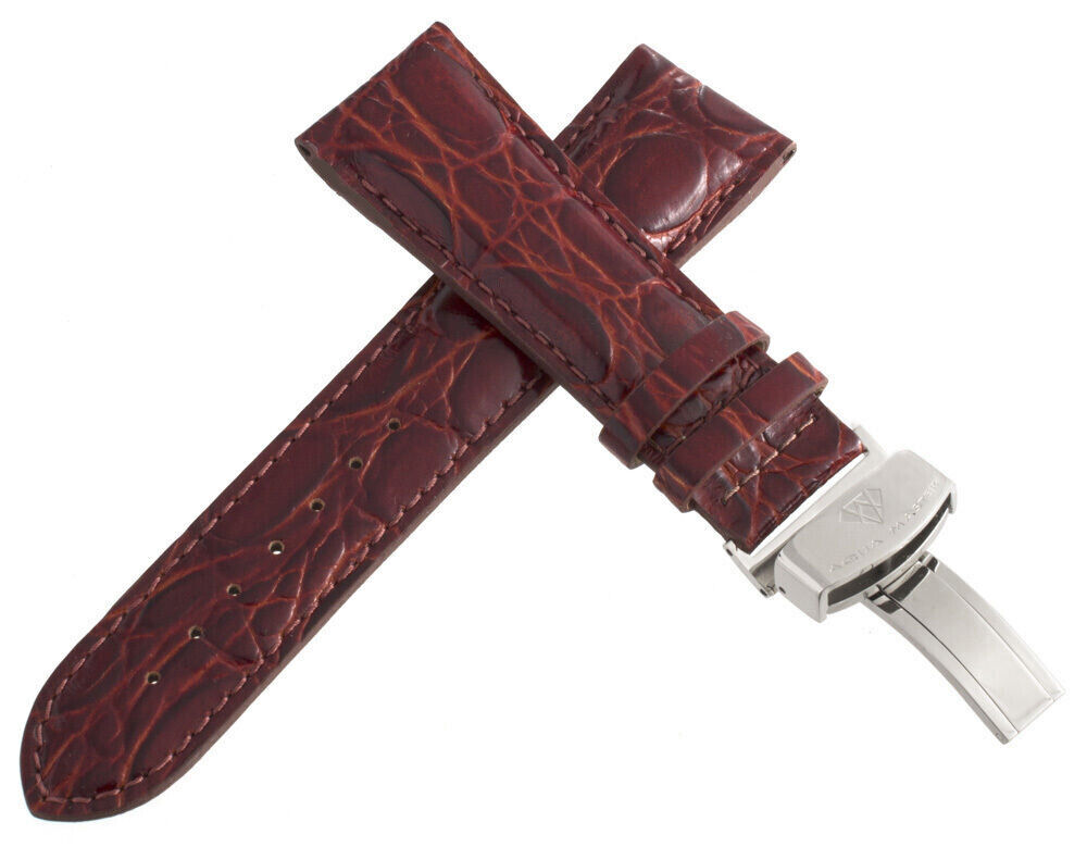 Aqua Master Mens 22mm Burgundy Leather Watch Band Strap Stainless Steel Buckle