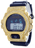 King Master Unisex Gold-tone Cz's Stones Case Blue Rubber Band Digital Watch