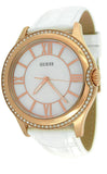 Guess Women's Rose Gold-tone Case MOP Crystals White Leather Band Watch U11679L1