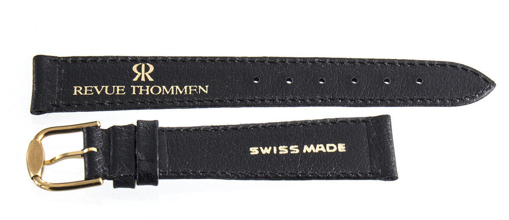 Revue Thommen 17mm Black Leather Gold Buckle Watch Band Strap NOS