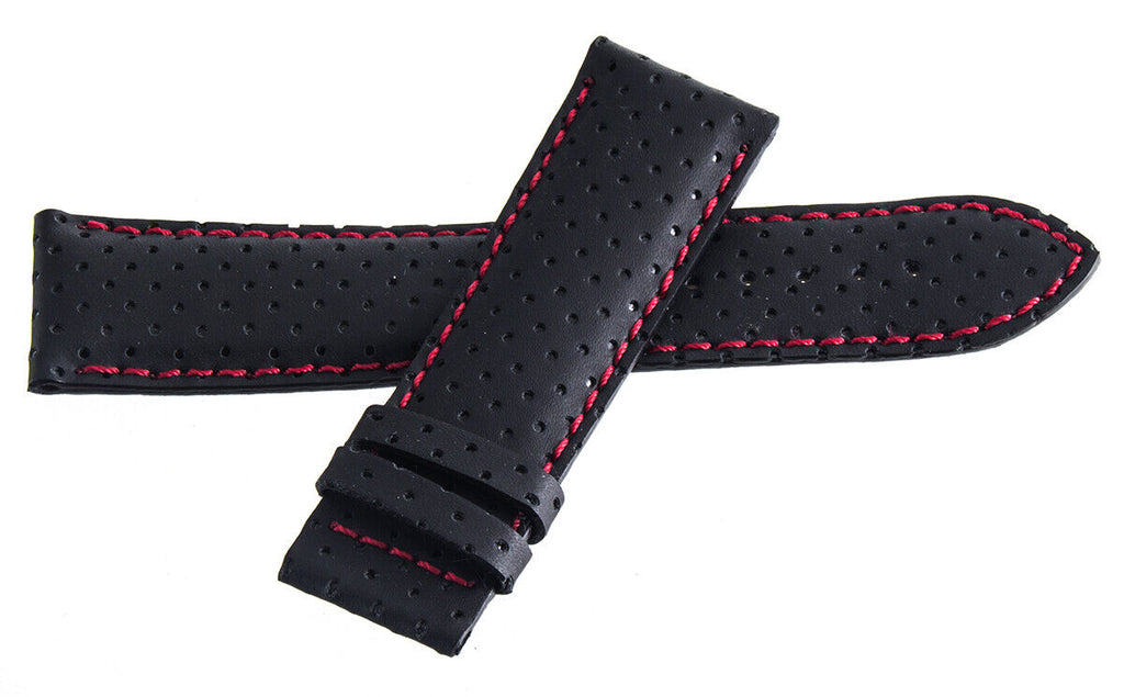 Tissot 22mm x 20mm Black Leather Red Stitching Watch Band Strap