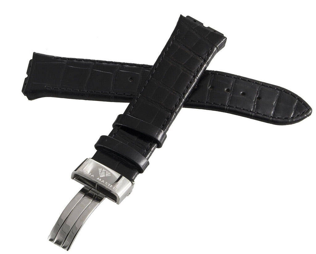 Aqua Master Men's 23mm Black  Leather Silver Buckle Watch Band