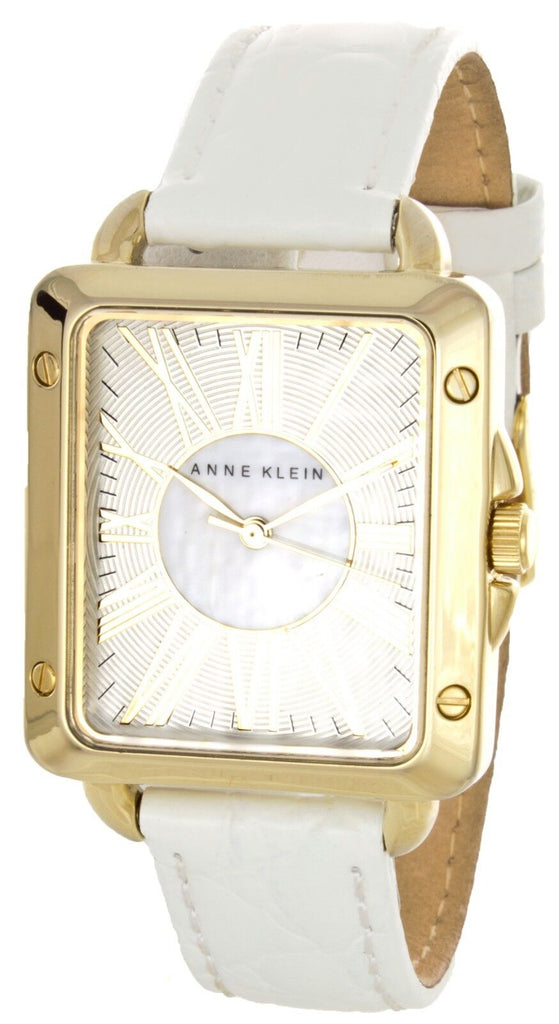 Anne Klein Women's Sold-Tone White Leather Strap Square Watch AK/1666INST