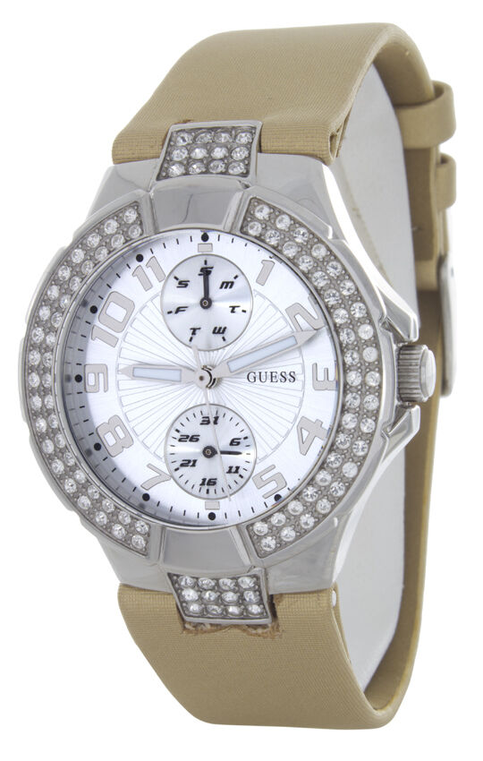 GUESS Women Stainless Steel Case Silver Dial Beige Leather Strap Watch W11607L1