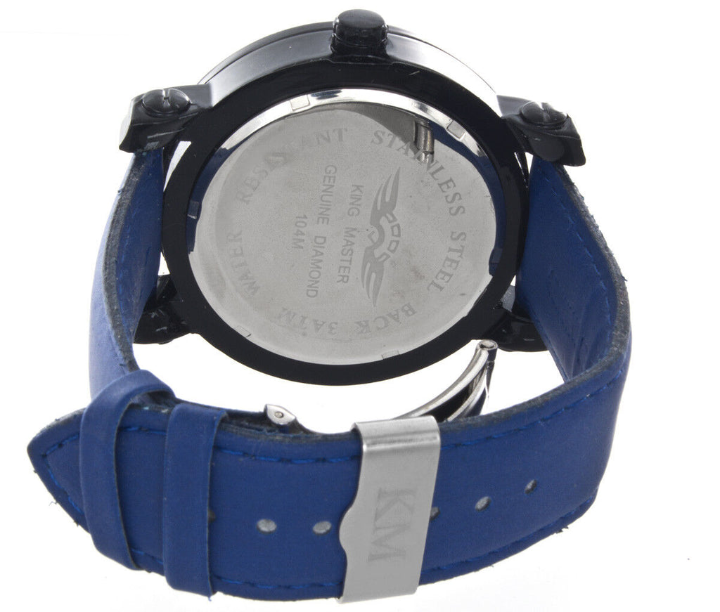 King Master Men's Diamond Black Dial Blue Leather Strap Watch