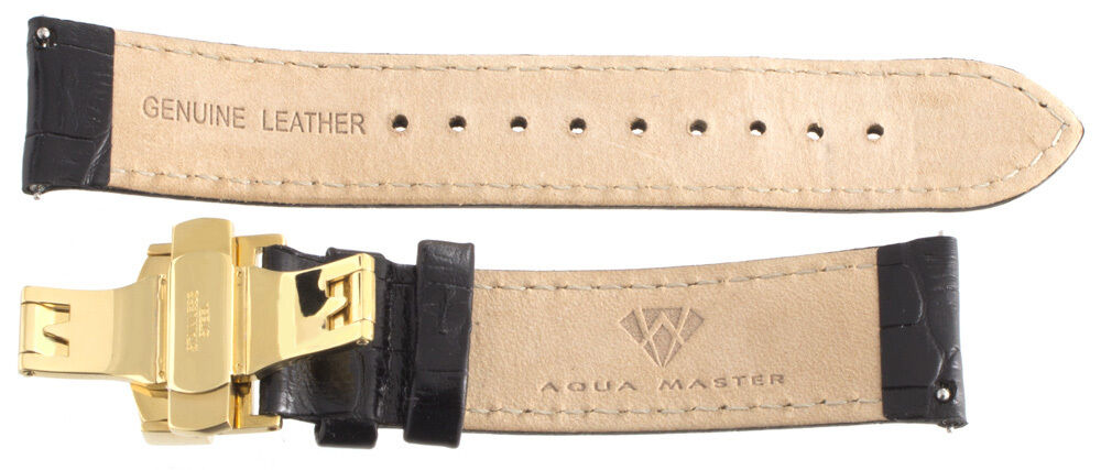 Aqua Master Mens 22mm Black Leather Watch Band Strap W/ Stainless Steel Buckle