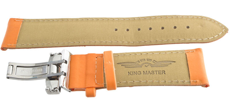 King Master 24mm Orange Leather Silver-tone Buckle Watch Band Strap