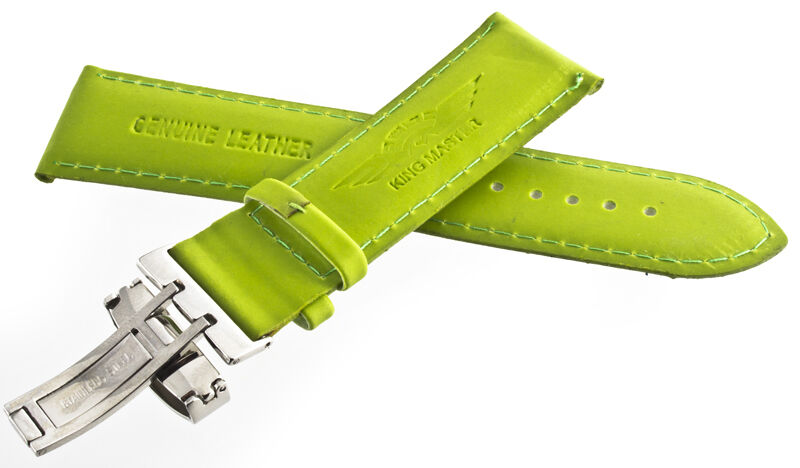 King Master 24mm Green Leather Silver Buckle Watch Band Strap