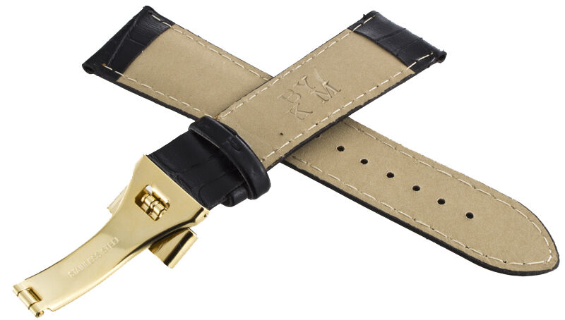 King Master 24mm Black Leather Gold- tone Buckle Watch Band Strap
