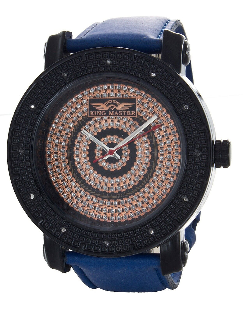 King Master Men's Diamond Black Dial Blue Leather Strap Watch