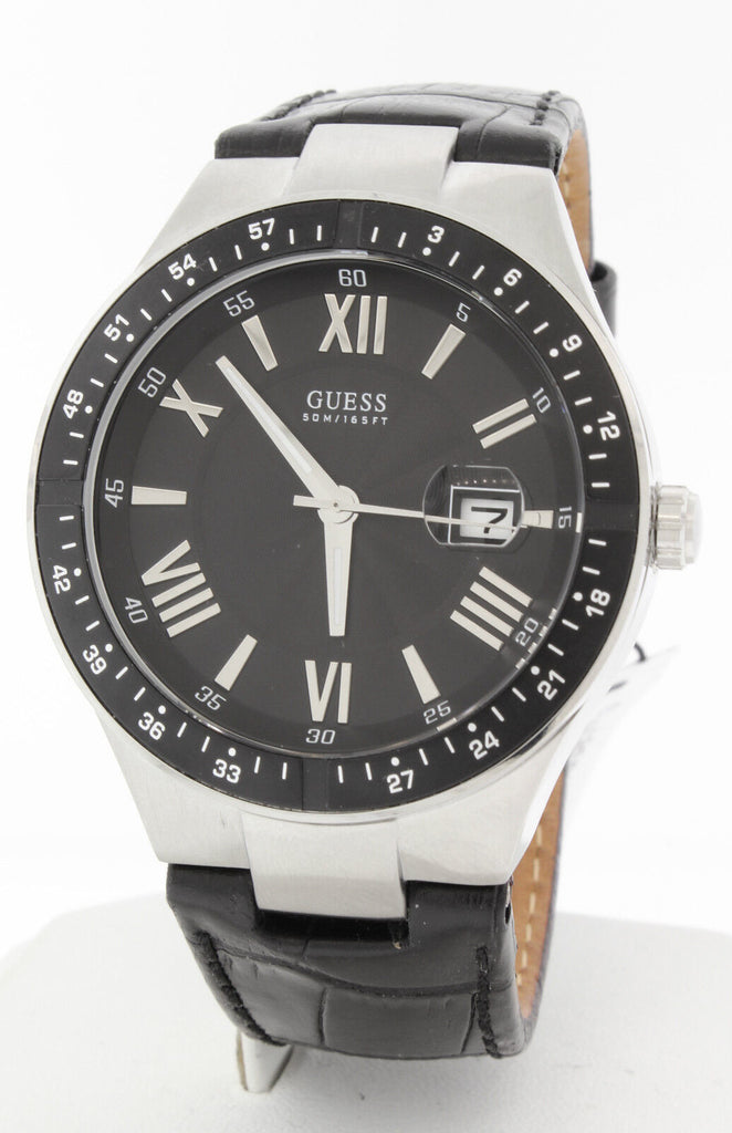 Guess Men's W95130G1 Black Date Dial Black Leather Strap Quartz Watch