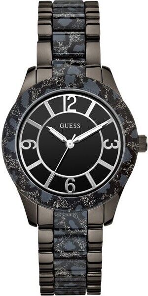 Guess Women's W0014L3 Black Ion Plated Steel Animal Print Bracelet Quartz Watch